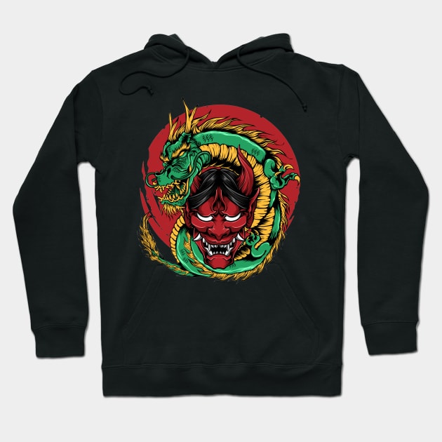 Japanese Dragon Oni Mask Yokai Chinese Zodiac Hoodie by Alex21